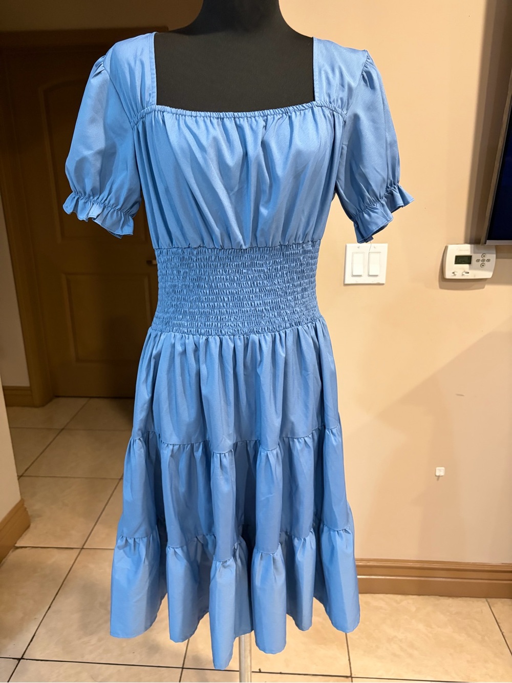 Light Blue Smocked Midi Dress with Square Neck